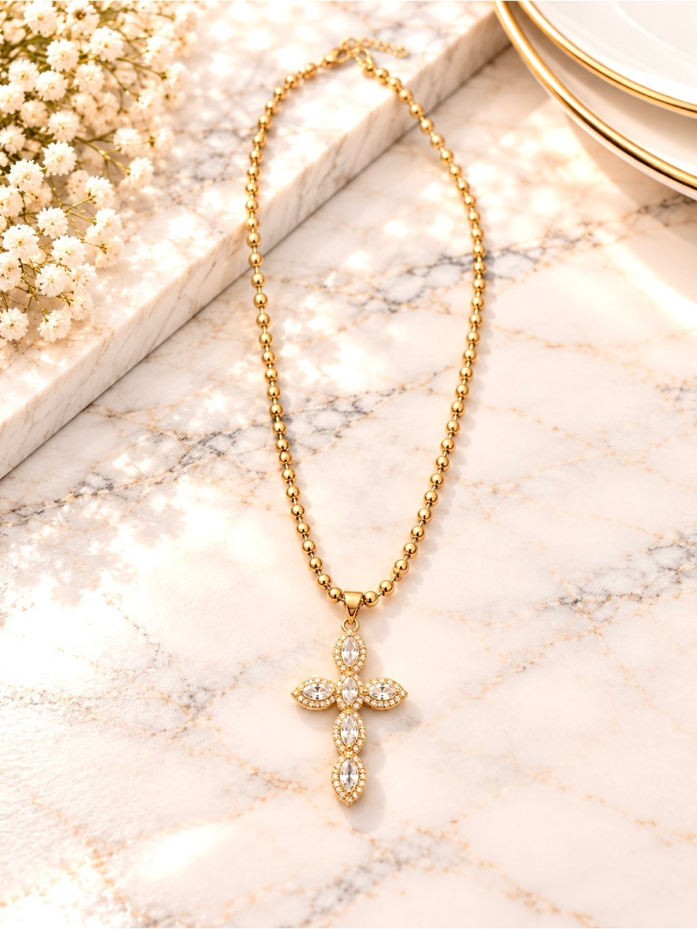Gold Filled Crystal Cross Pendant Beaded Necklace - Women Jewelry